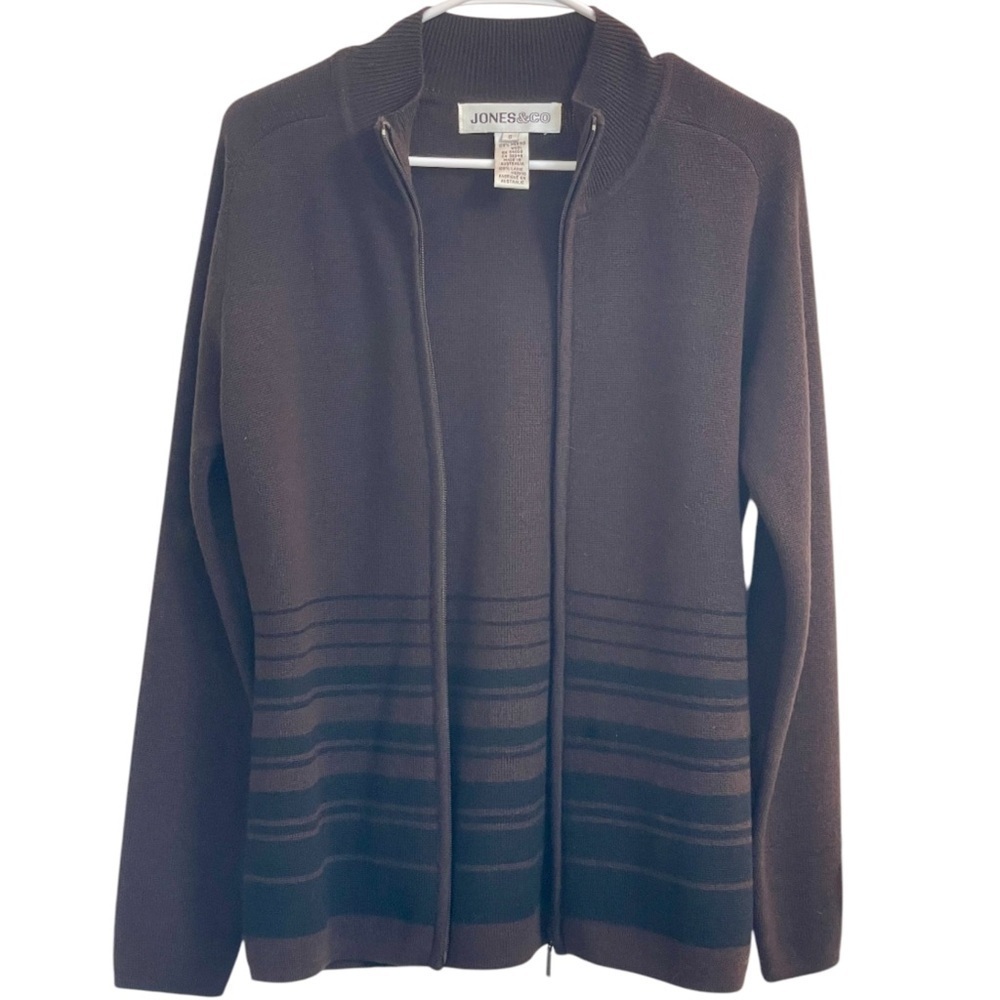 Jones & Co 100% Merino Wool Brown Striped Full-Zip Cardigan Sweater Women Small